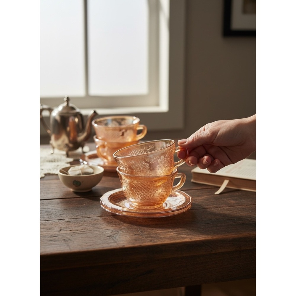 Jeanette Glass Marigold Carnival Glass Iris and Herringbone Cup Saucer Set 10pc